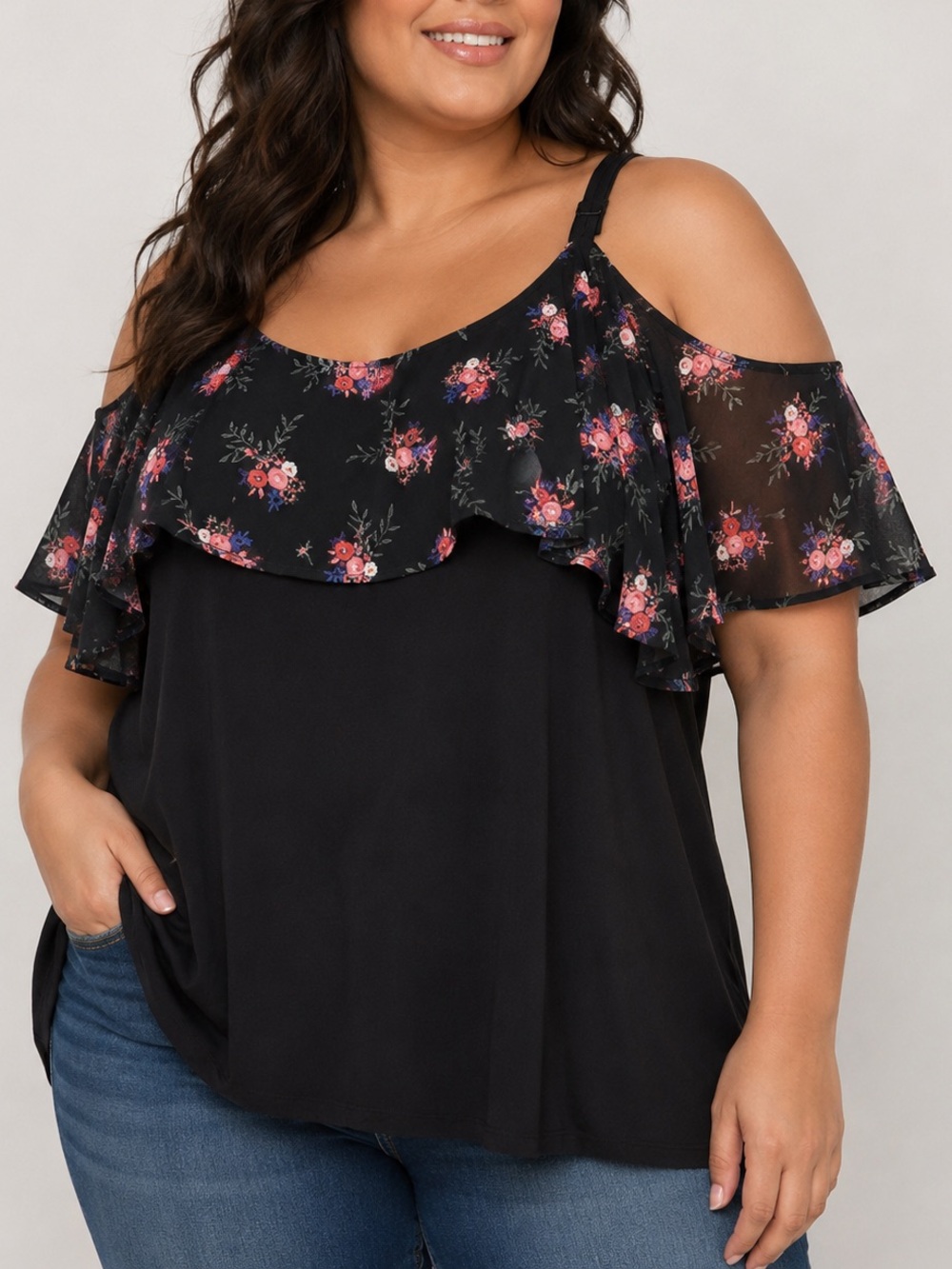 Torrid Black Pink Floral Cold Shoulder Ruffle Top Plus Size 4X